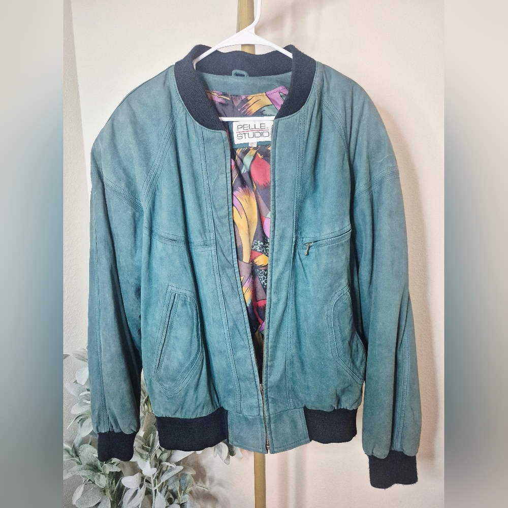 VINTAGE PELLE STUDIO 100% Teal Soft Suede Leather Bomber Jacket sz L